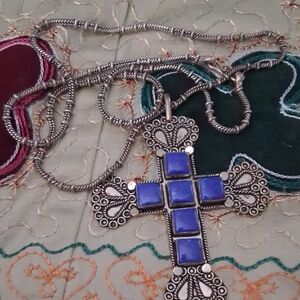 Silver and Blue Cross Pendant Necklace